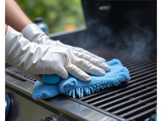 A pair of hands wiping down a grill grate with a brush and cleaning solution.